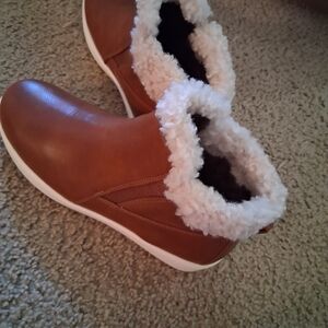 Muk Luks Brown Ankle Booties with White Faux-Shearling Trim